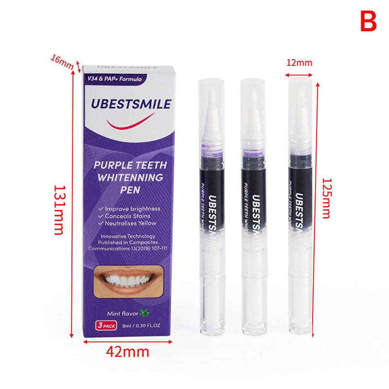 3Pcs Purple Teeth Whitening Pen Instant Stain Tartar Removal Toothpaste Oral Hygiene No Sensitivity Whitening Tool Set