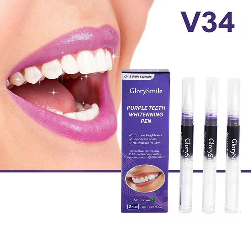 3Pcs Purple Teeth Whitening Pen Instant Stain Tartar Removal Toothpaste Oral Hygiene No Sensitivity Whitening Tool Set