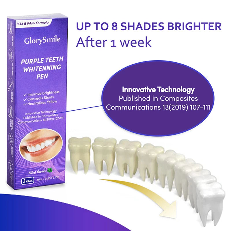 3Pcs Purple Teeth Whitening Pen Instant Stain Tartar Removal Toothpaste Oral Hygiene No Sensitivity Whitening Tool Set