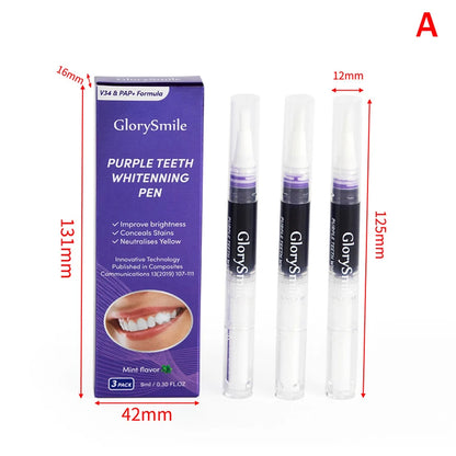 3Pcs Purple Teeth Whitening Pen Instant Stain Tartar Removal Toothpaste Oral Hygiene No Sensitivity Whitening Tool Set