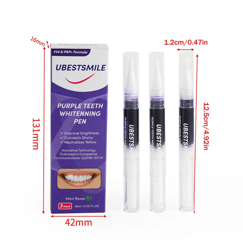 3Pcs Purple Teeth Whitening Pen Instant Stain Tartar Removal Toothpaste Oral Hygiene No Sensitivity Whitening Tool Set